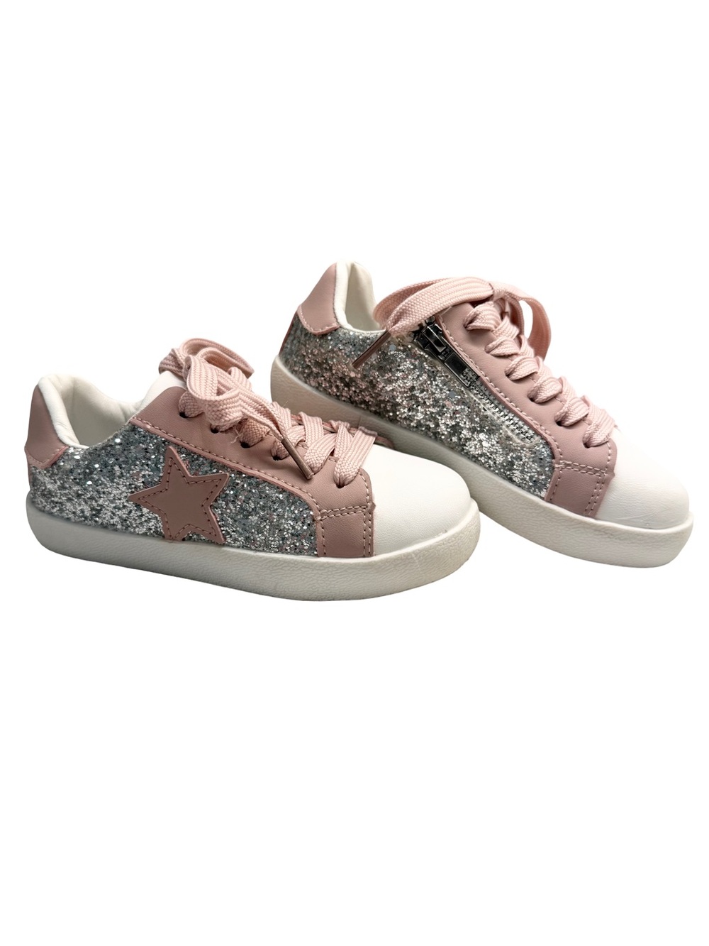 Silver Glitter & Pink Colorway Lace Up Side Zip Sneakers Toddler Girl 29 EU